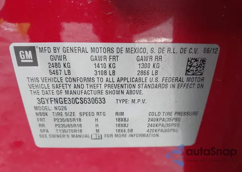 2012 Cadillac Srx Standard z USA, uszkodzony, nr VIN 3GYFNGE30CS630633